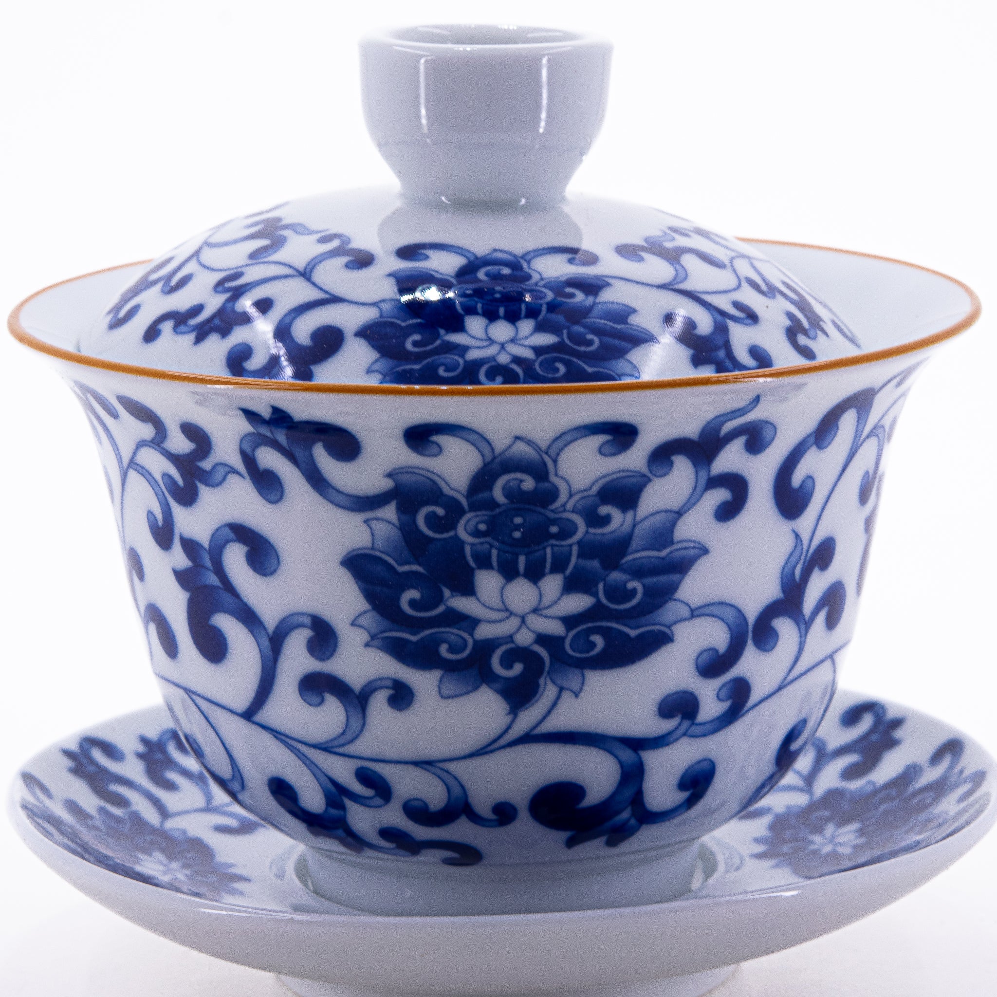 Brown Rim Blue and White Porcelain Gold Rim Chan Zhi Lian Design Gaiwan #3a€49.95GaiwanmySiteTEAWAVYTEAWAVY